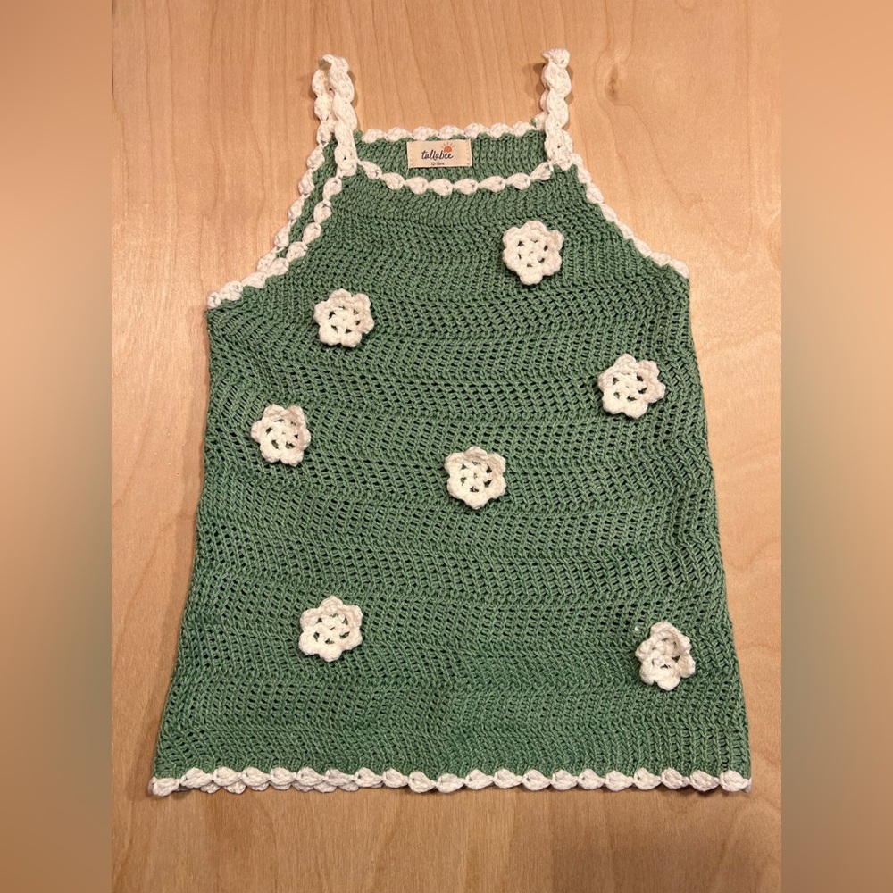Green Crochet Dress with White Floral Accents